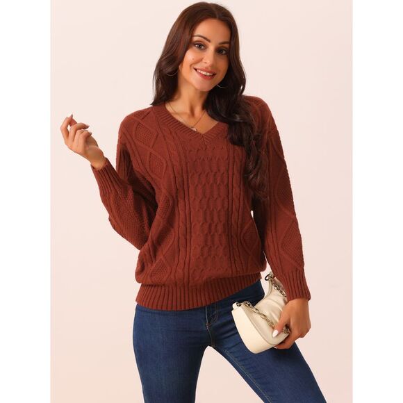 V Neck Long Sleeve Casual Loose Chunky Warm Pullover Sweater Top Wine Red - Picture 3 of 5
